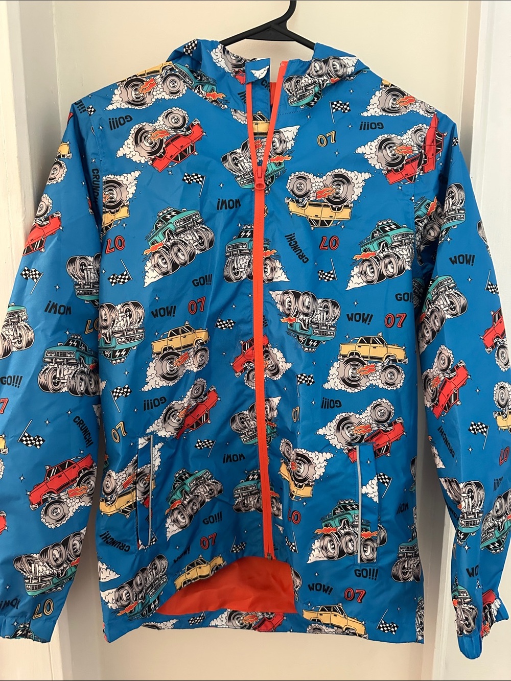 Kids Blue Monster Truck Rain Jacket with Orange Zip